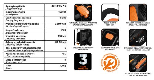 ELEKTROMOS FŰNYÍRÓ 1600W ,380MM, 45L-ES GYŰJTŐKOSÁR,NEO TOOLS