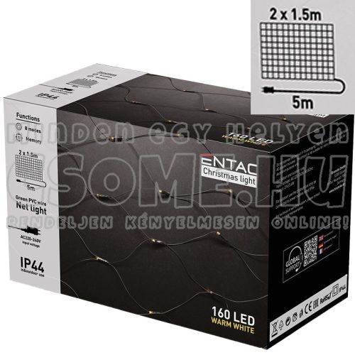 LED FÉNYHÁLÓ (2x1,5M 160LED) MELEGFEHÉR, KÜLTÉRI ÉS BELTÉRI - ENTAC