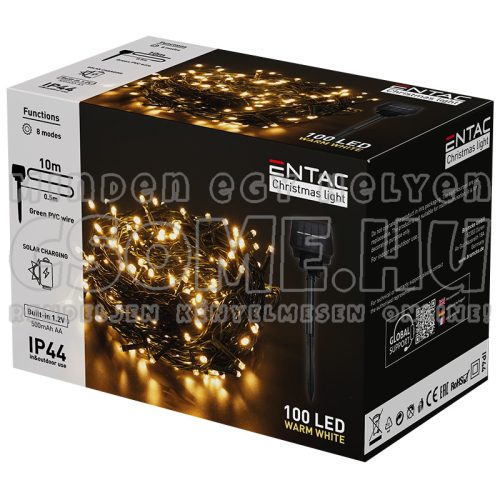 NAPELEMES LED FÉNYFÜZÉR (10M 100LED) MELEGFEHÉR, KÜLTÉRI ÉS BELTÉRI - ENTAC